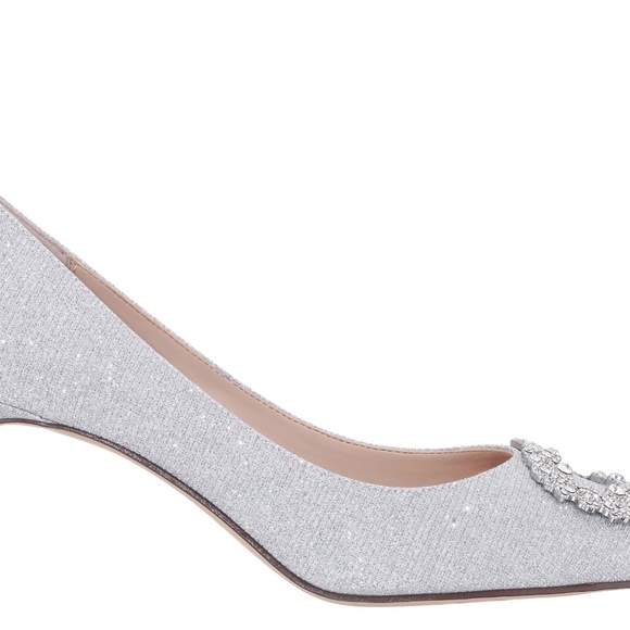 NEYA TRUE SILVER TEXTURED METALLIC MID-HEEL PUMPS WITH JEWELLED BUCKLE - Picture 2 of 8